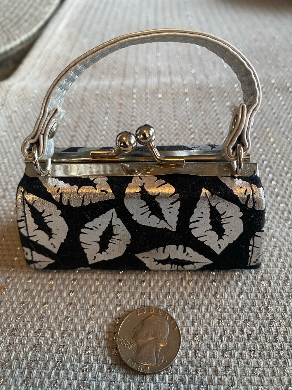 Stylish Black & Silver Kiss-Print Mini Handbag